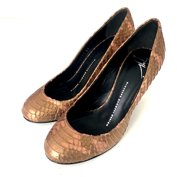 Giuseppe Zanotti Embossed Snakeskin Pump Python Bronze Round Toe Slim Heel 35.5 - Picture 7 of 13